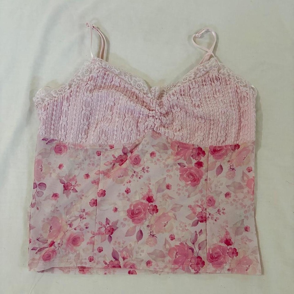 Mixed Threads Pink Floral Lace Trim Smocked Camisole Top XL